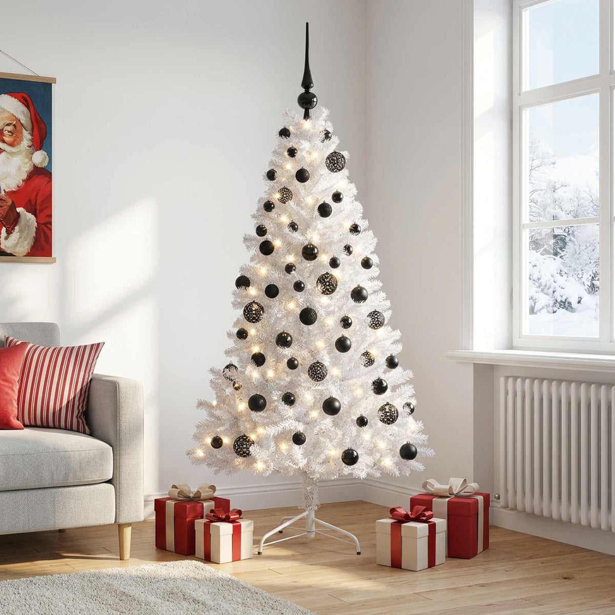Artificial Christmas Tree with Bauble 210 cm 300 LEDs with LEDs & black balls
