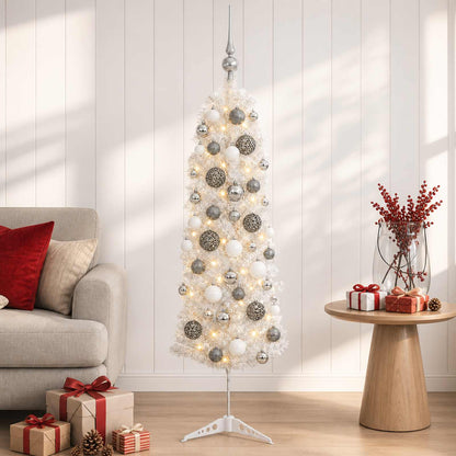 Artificial Slim Christmas Tree with Bauble 150 LEDs 150 cm with LEDs & white/grey balls