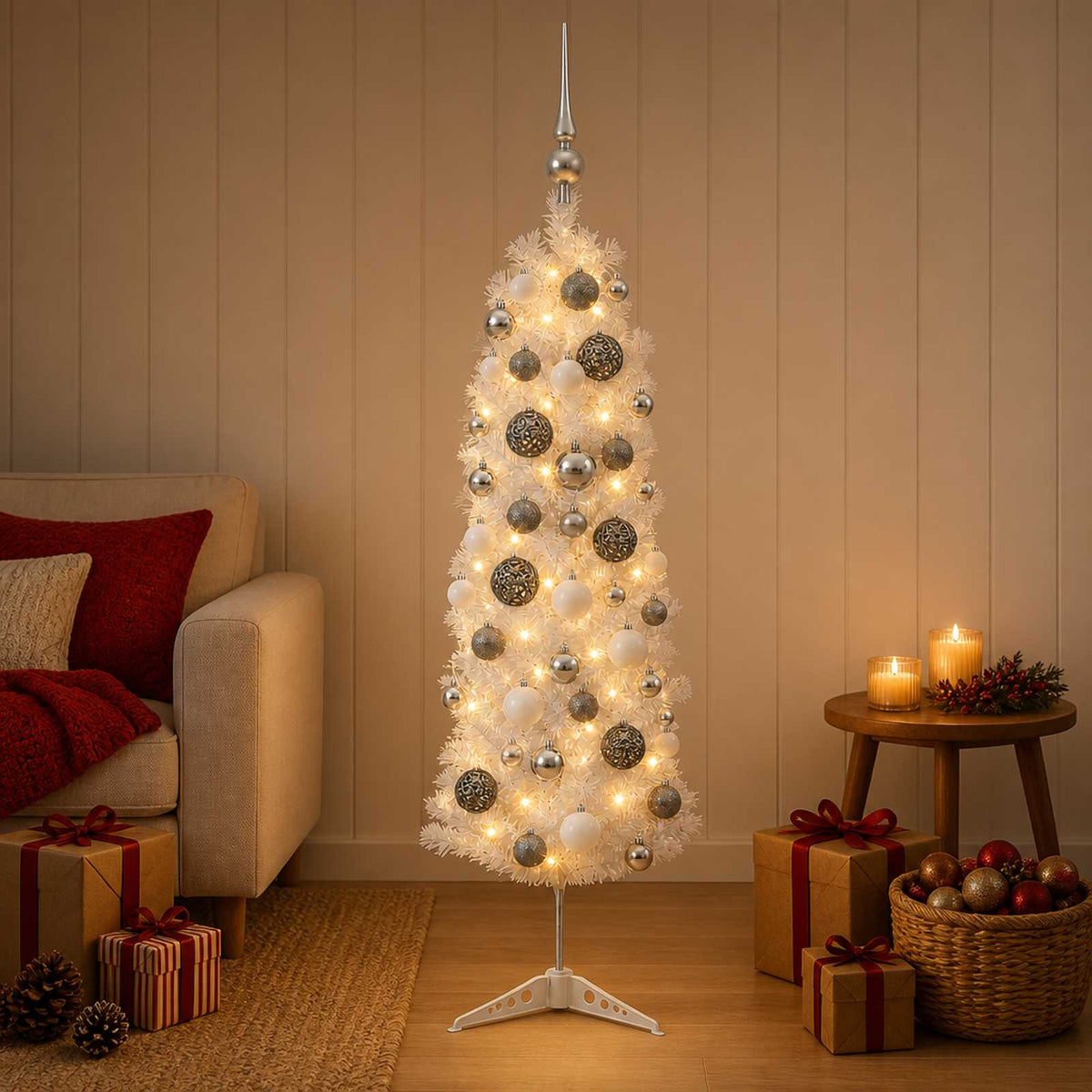 Artificial Slim Christmas Tree with Bauble 150 LEDs 150 cm with LEDs & white/grey balls