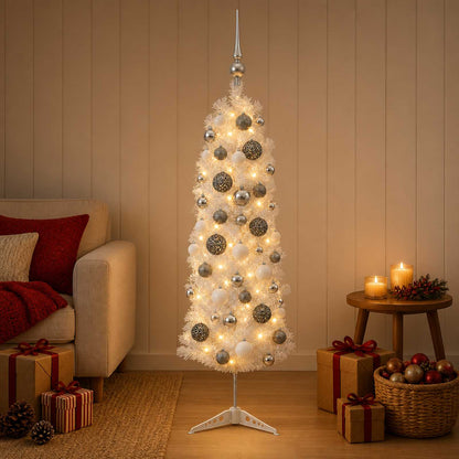 Artificial Slim Christmas Tree with Bauble 150 LEDs 150 cm with LEDs & white/grey balls