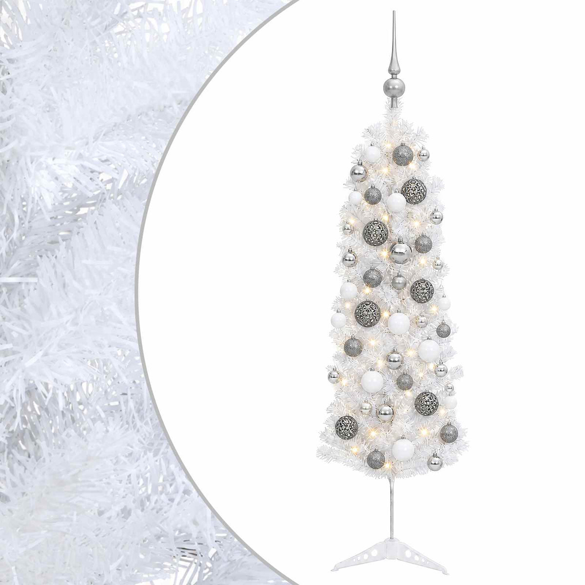Artificial Slim Christmas Tree with Bauble 150 LEDs 150 cm with LEDs & white/grey balls