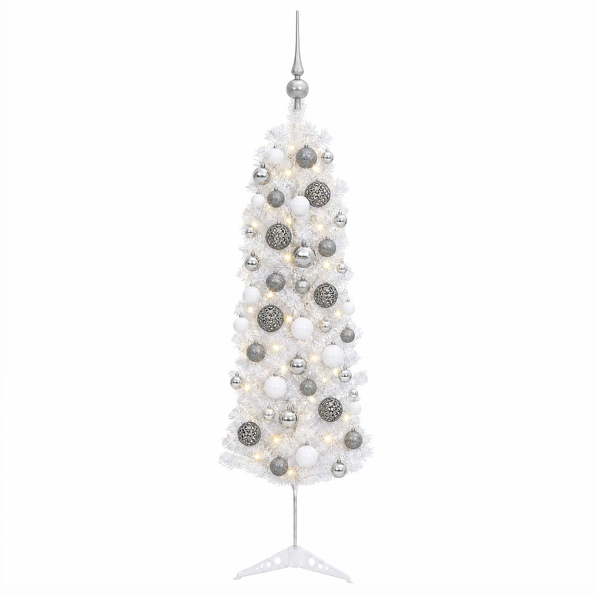 Artificial Slim Christmas Tree with Bauble 150 LEDs 150 cm with LEDs & white/grey balls
