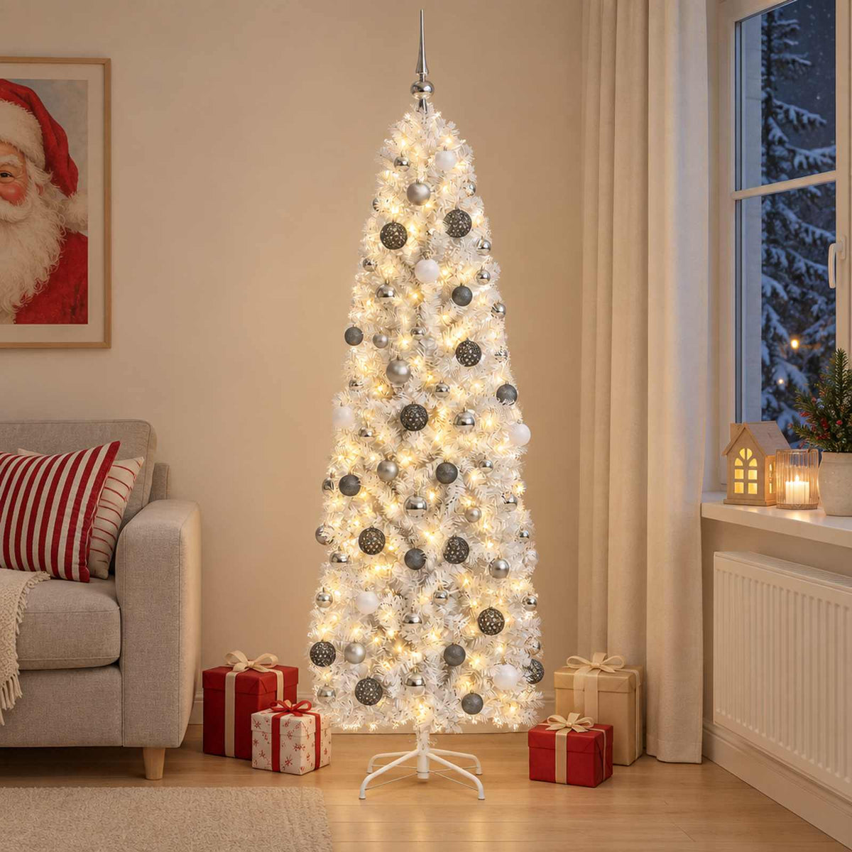 Artificial Slim Christmas Tree Bauble LEDs white/grey balls