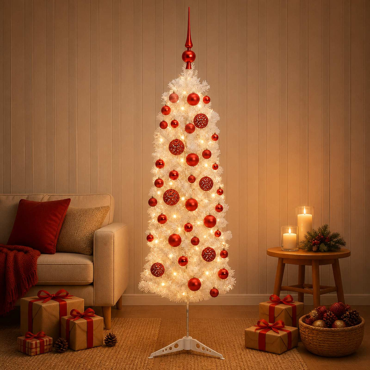 Artificial Slim Christmas Tree with Bauble 150 LEDs 150 cm with LEDs & red balls