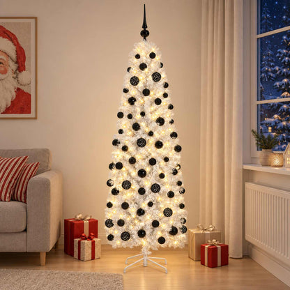 Artificial Slim Christmas Tree with Bauble 300 LEDs 180 cm with LEDs & black balls