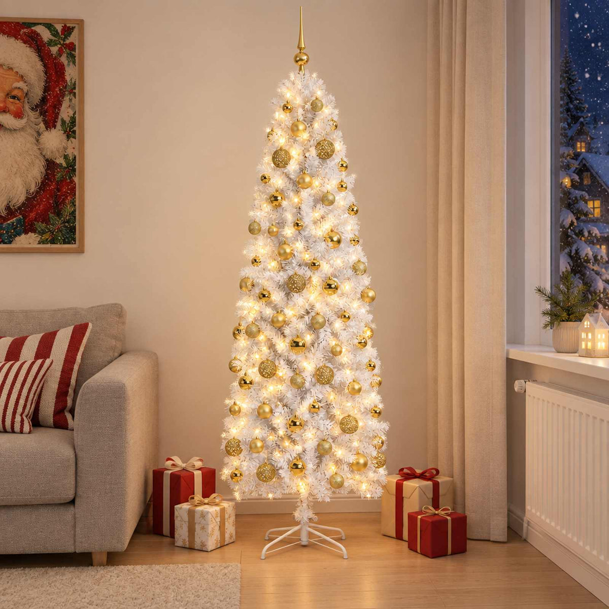 Artificial Slim Christmas Tree with Bauble 300 LEDs 180 cm with LEDs & gold/bronze balls