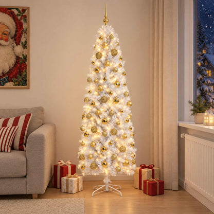 vidaXL Artificial Slim Christmas Tree with Bauble 210 cm 300 LEDs 1