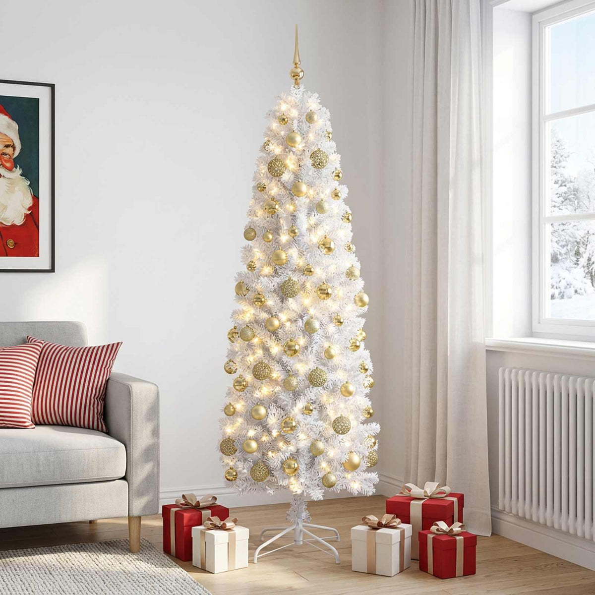 vidaXL Artificial Slim Christmas Tree with Bauble 210 cm 300 LEDs 3