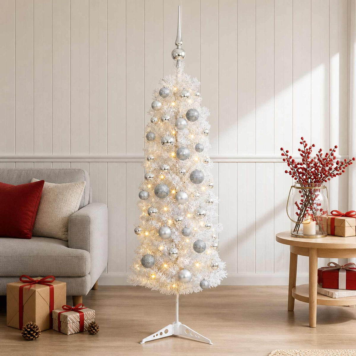 Artificial Slim Christmas Tree with Bauble 150 LEDs 150 cm with LEDs & silver balls