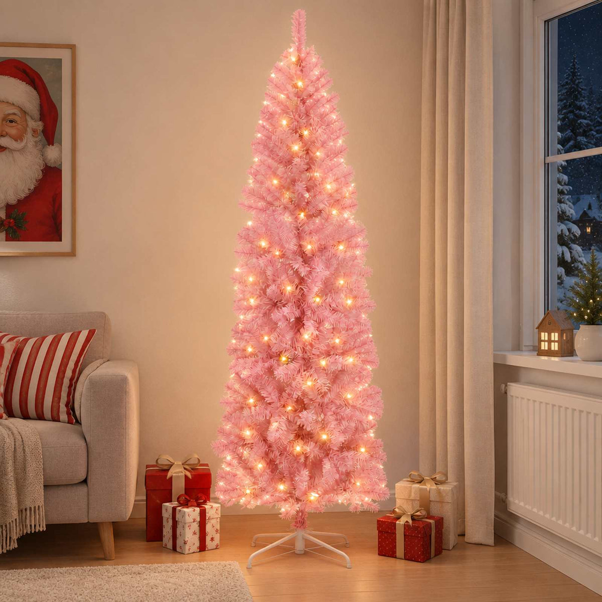 Artificial Slim Christmas Tree with Bauble 300 LEDs 180 cm with LEDs