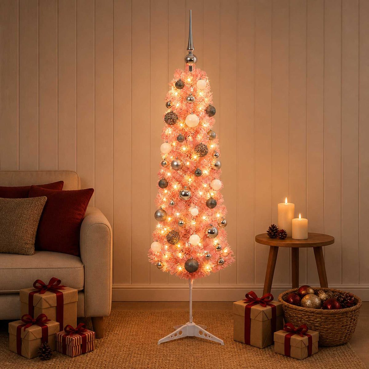 Artificial Slim Christmas Tree with Bauble 150 LEDs 150 cm with LEDs & white/grey balls