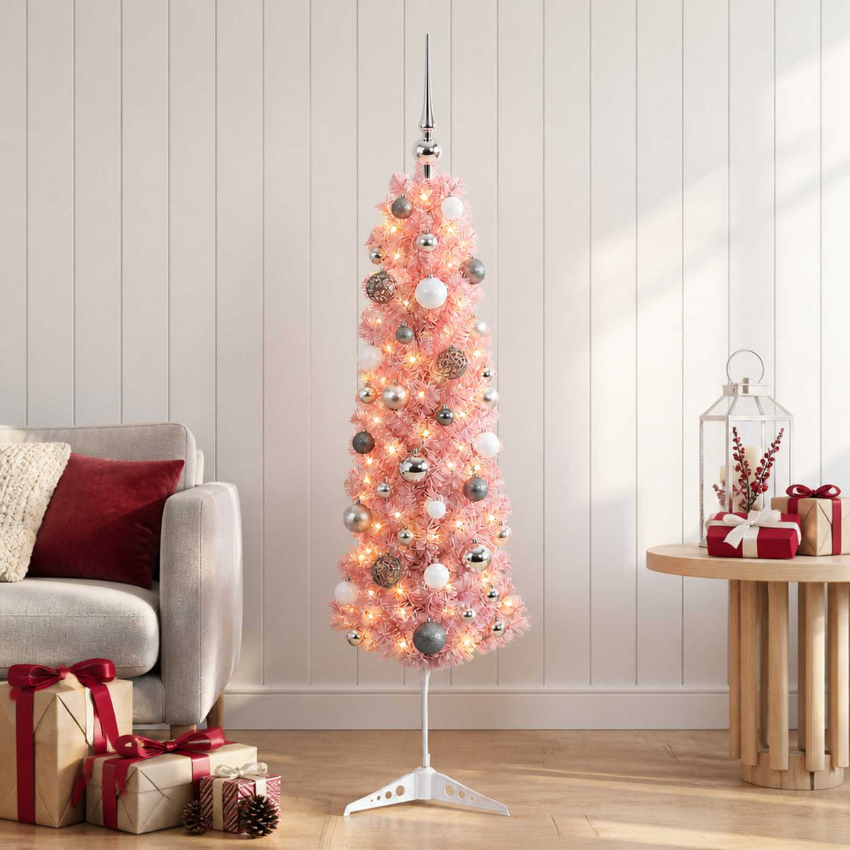 Artificial Slim Christmas Tree with Bauble 150 LEDs 150 cm with LEDs & white/grey balls