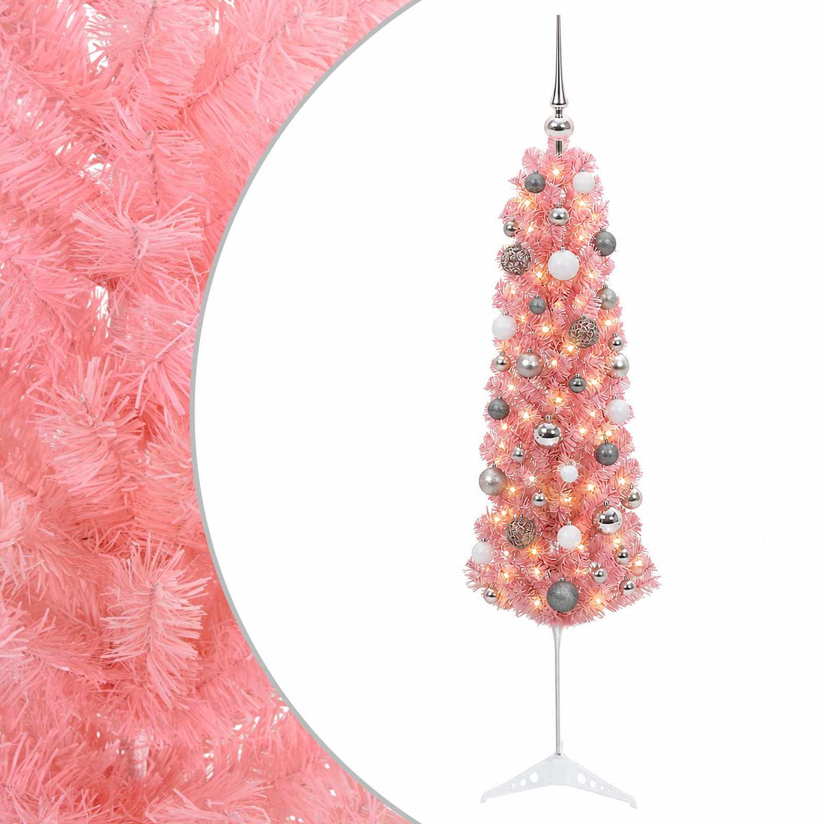 Artificial Slim Christmas Tree with Bauble 150 LEDs 150 cm with LEDs & white/grey balls