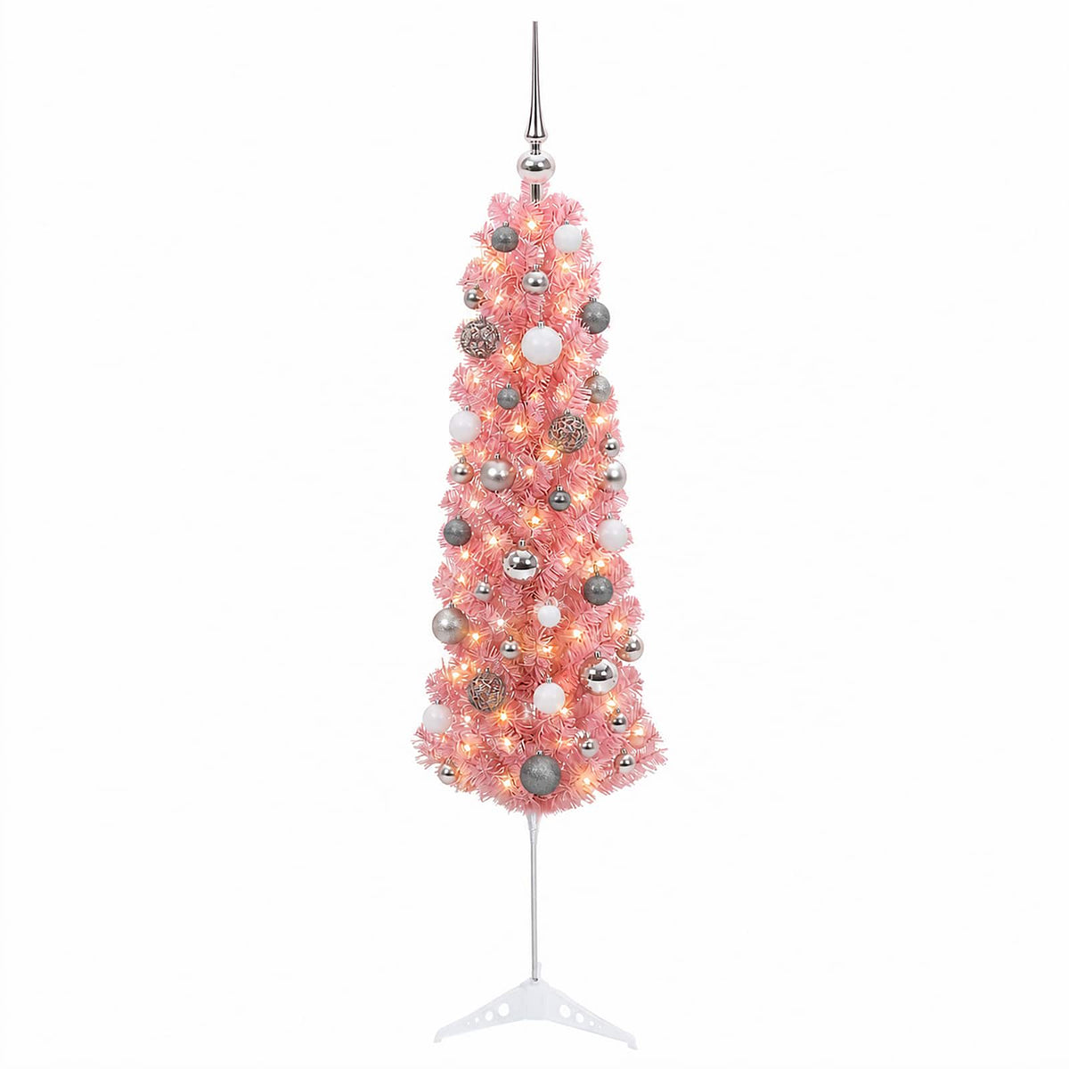 Artificial Slim Christmas Tree with Bauble 150 LEDs 150 cm with LEDs & white/grey balls