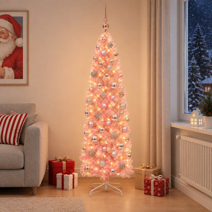 Artificial Slim Christmas Tree with Bauble 300 LEDs 180 cm with LEDs & pink balls