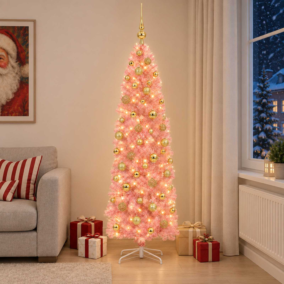Artificial Slim Christmas Tree with Bauble 300 LEDs 180 cm with LEDs & gold/bronze balls