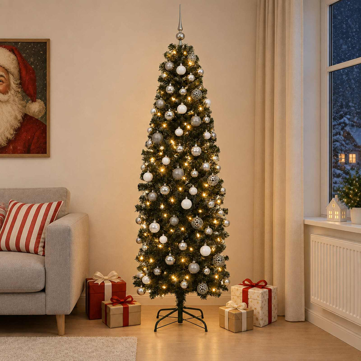 vidaXL Artificial Slim Christmas Tree with Bauble 180 cm 300 LEDs 1