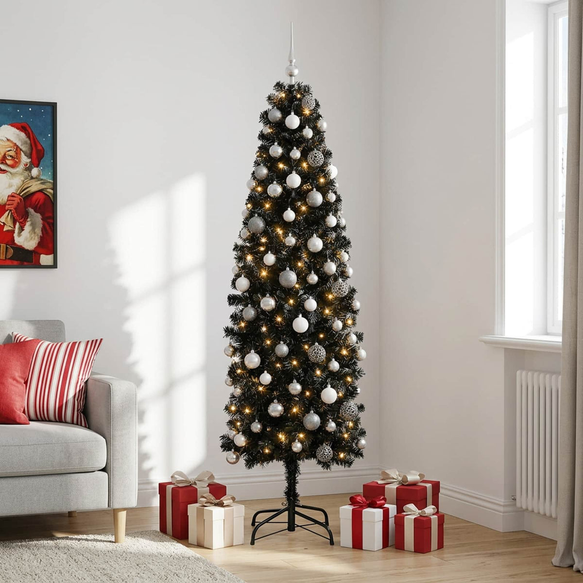vidaXL Artificial Slim Christmas Tree with Bauble 210 cm 300 LEDs 3