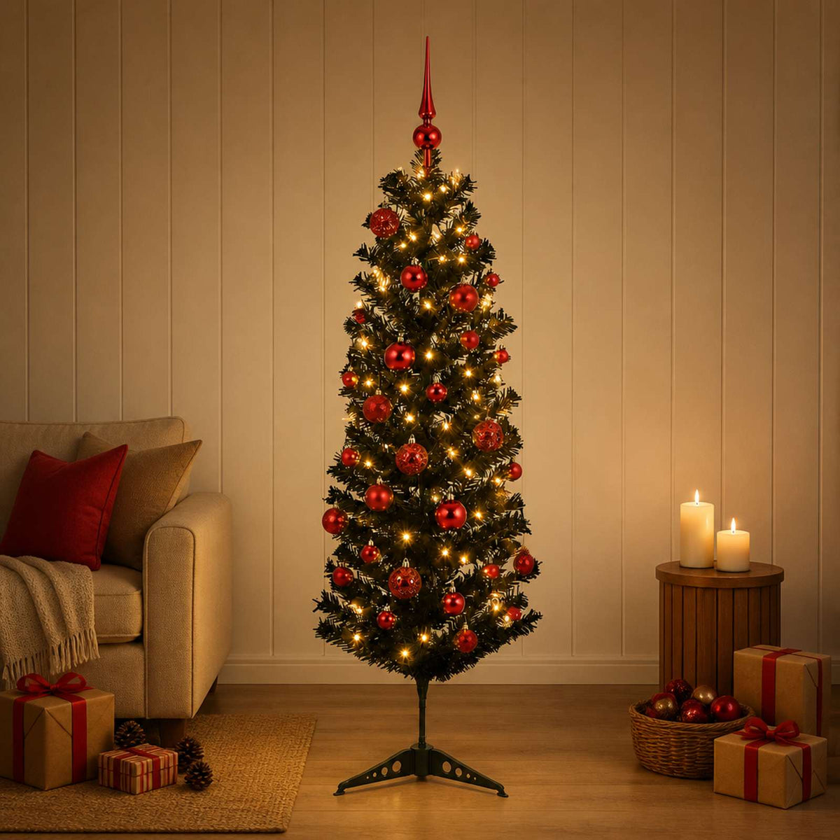 Artificial Slim Christmas Tree with Bauble 150 LEDs 150 cm with LEDs & red balls