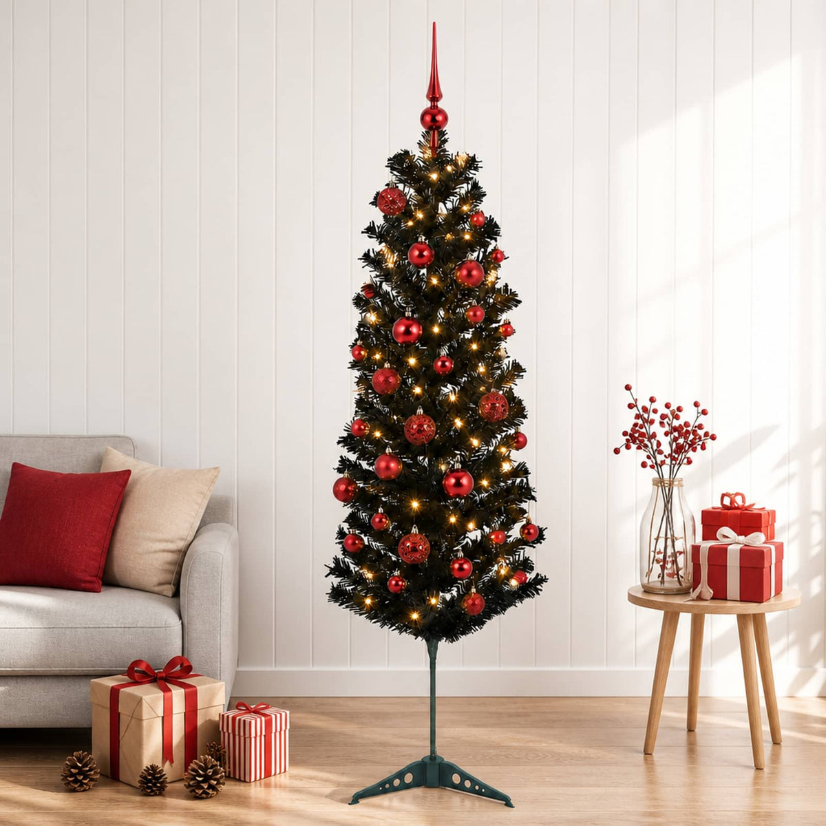 Artificial Slim Christmas Tree with Bauble 150 LEDs 150 cm with LEDs & red balls