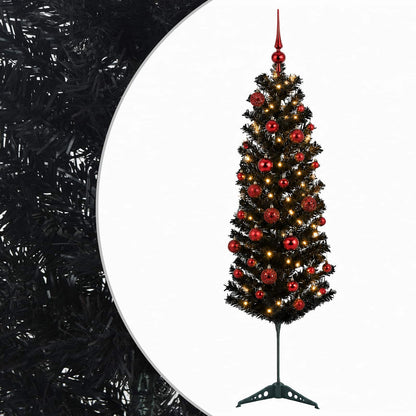 Artificial Slim Christmas Tree with Bauble 150 LEDs 150 cm with LEDs & red balls