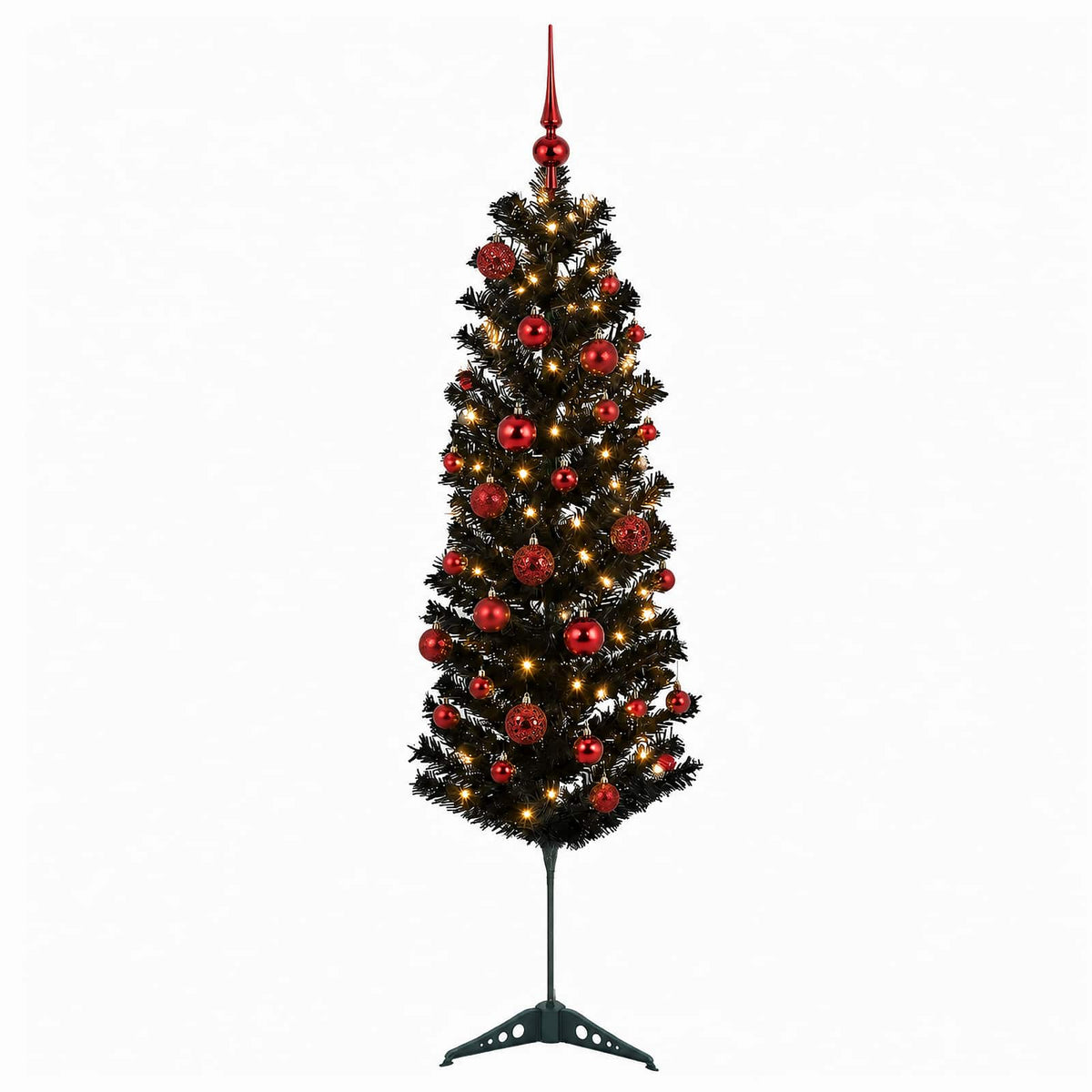 Artificial Slim Christmas Tree with Bauble 150 LEDs 150 cm with LEDs & red balls