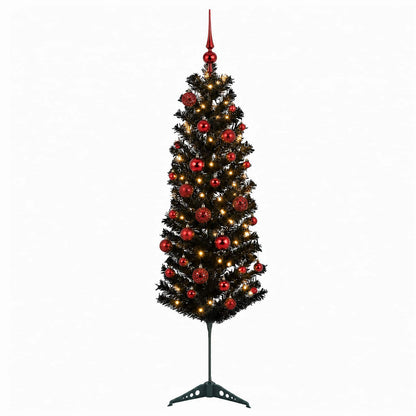 Artificial Slim Christmas Tree with Bauble 150 LEDs 150 cm with LEDs & red balls