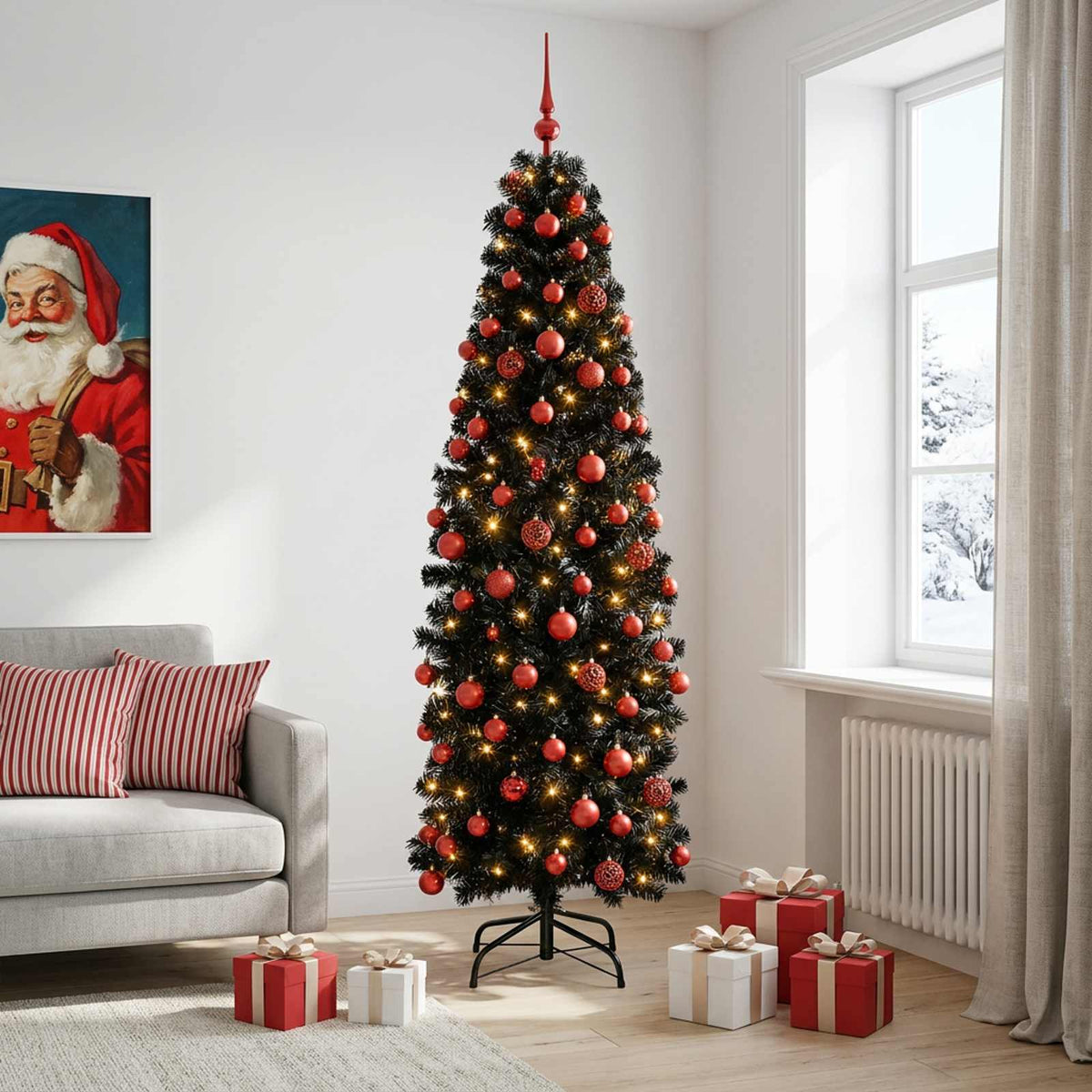 vidaXL Artificial Slim Christmas Tree with Bauble 180 cm 300 LEDs 1
