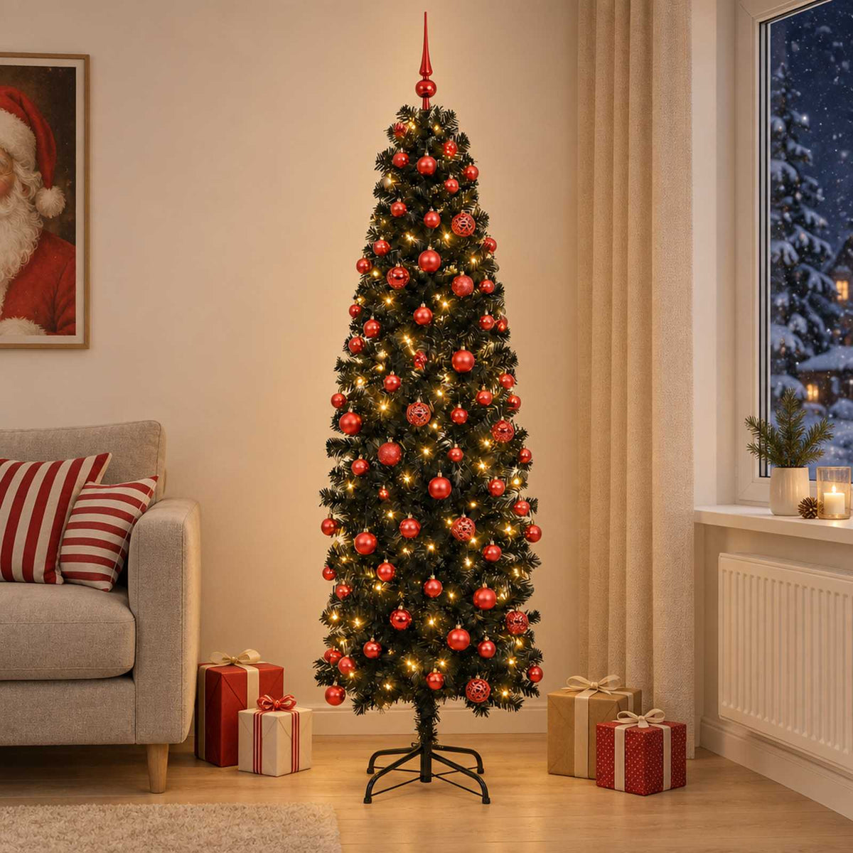 vidaXL Artificial Slim Christmas Tree with Bauble 180 cm 300 LEDs 3