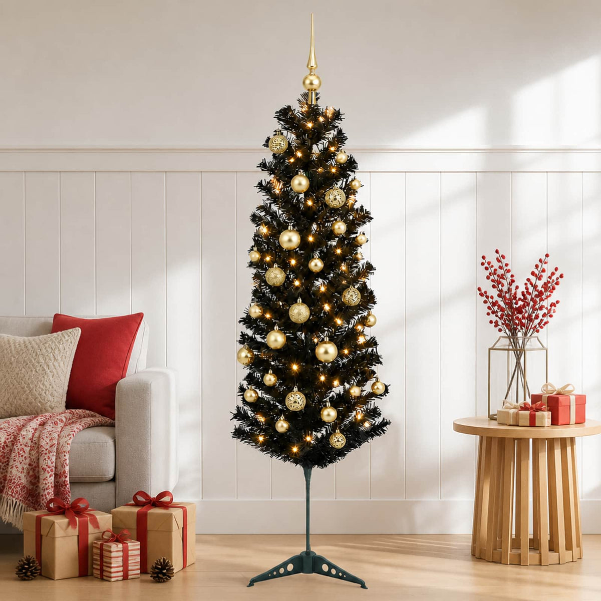 Artificial Slim Christmas Tree with Bauble 150 LEDs 150 cm with LEDs & gold/bronze balls