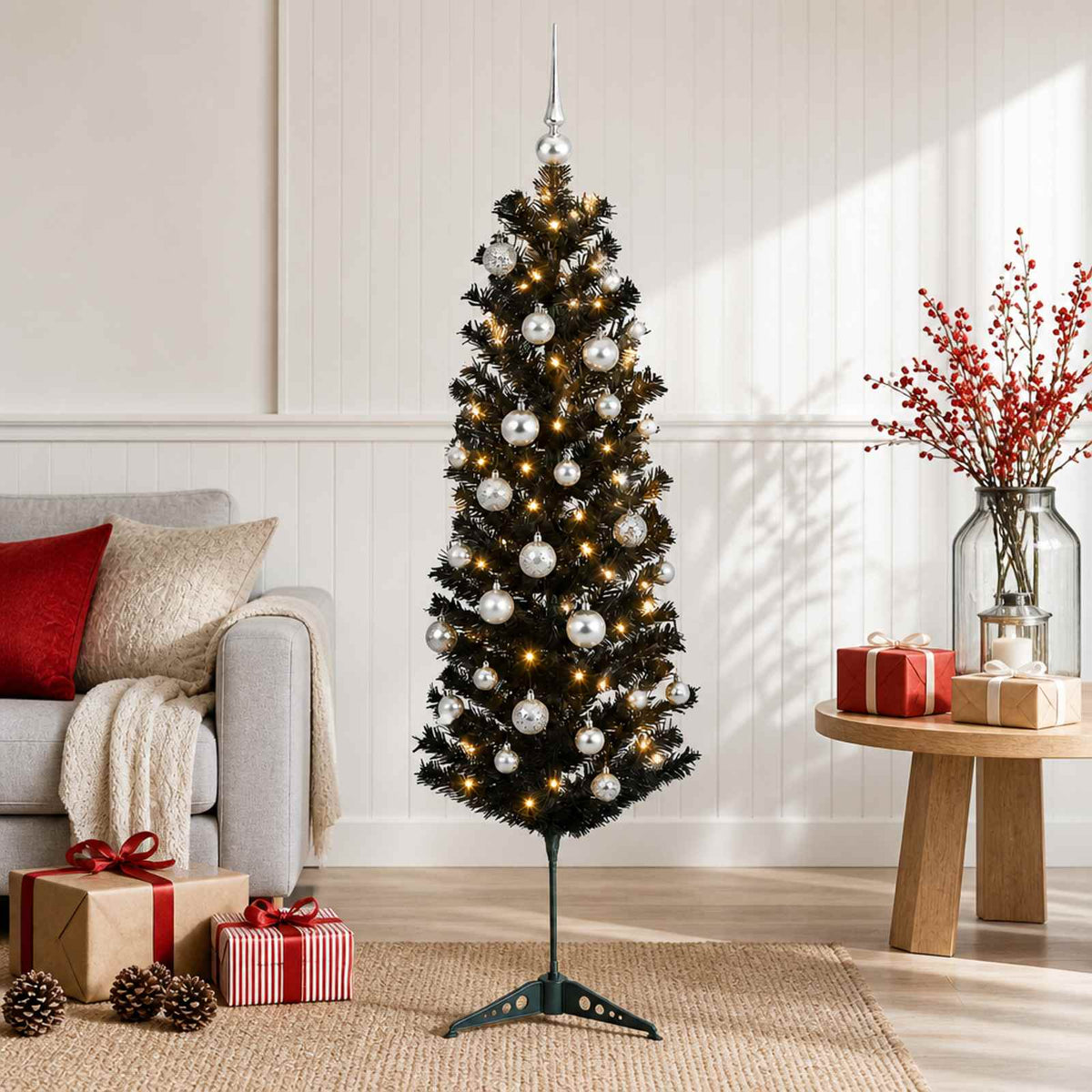 Artificial Slim Christmas Tree with Bauble 150 LEDs 150 cm with LEDs & silver balls
