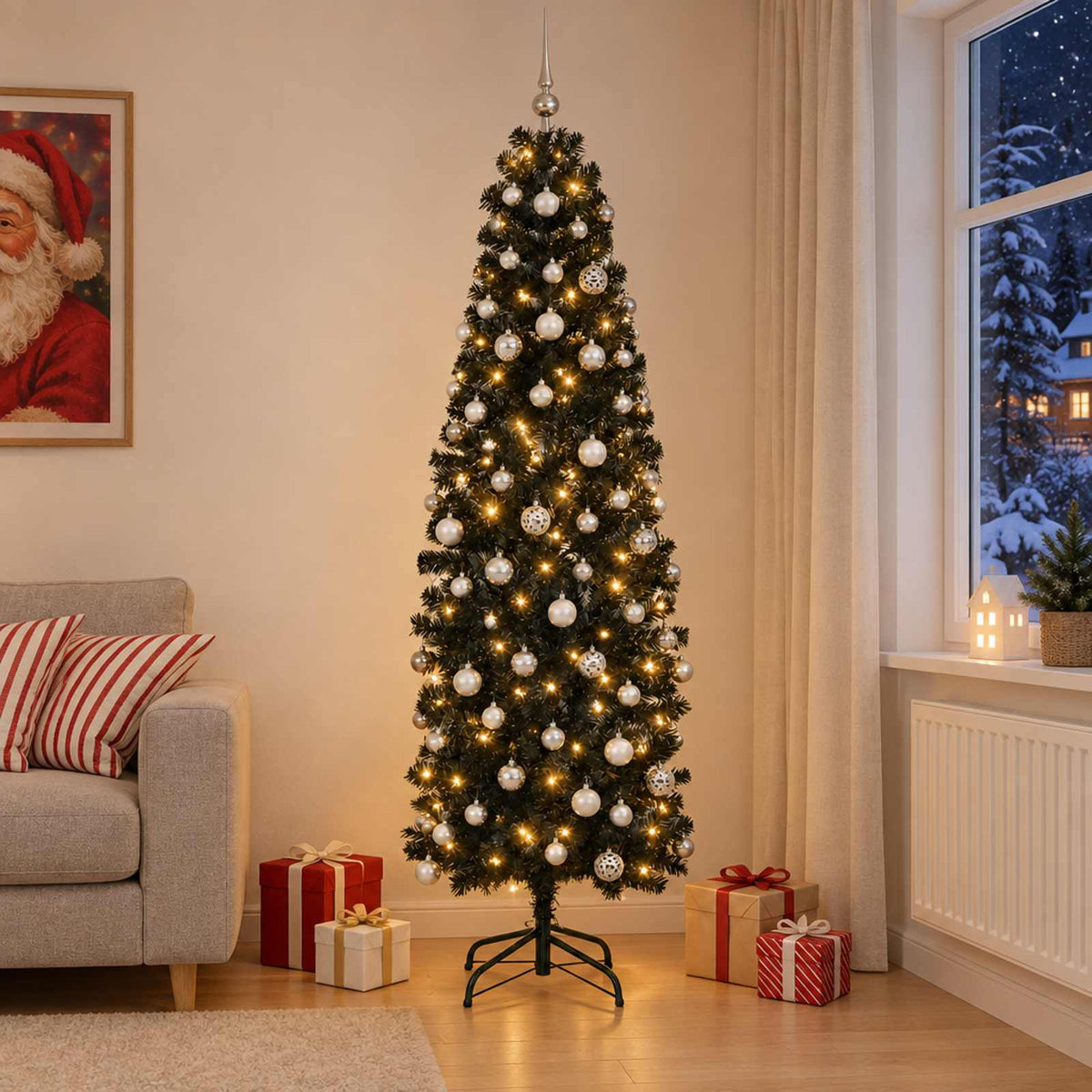 vidaXL Artificial Slim Christmas Tree with Bauble 180 cm 300 LEDs 1