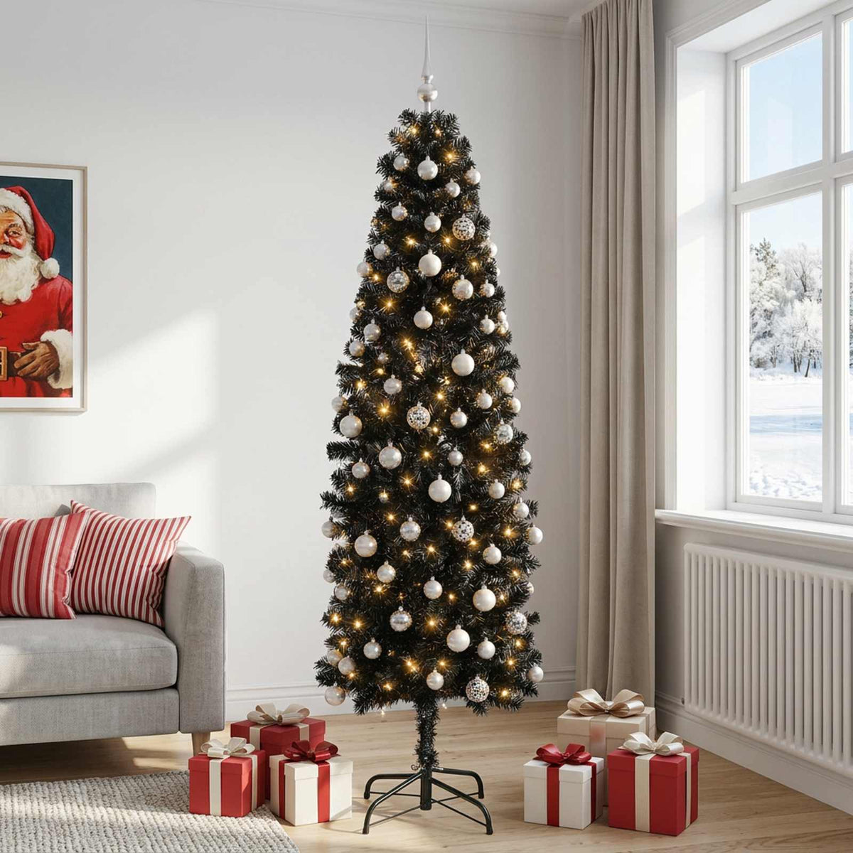 vidaXL Artificial Slim Christmas Tree with Bauble 180 cm 300 LEDs 3