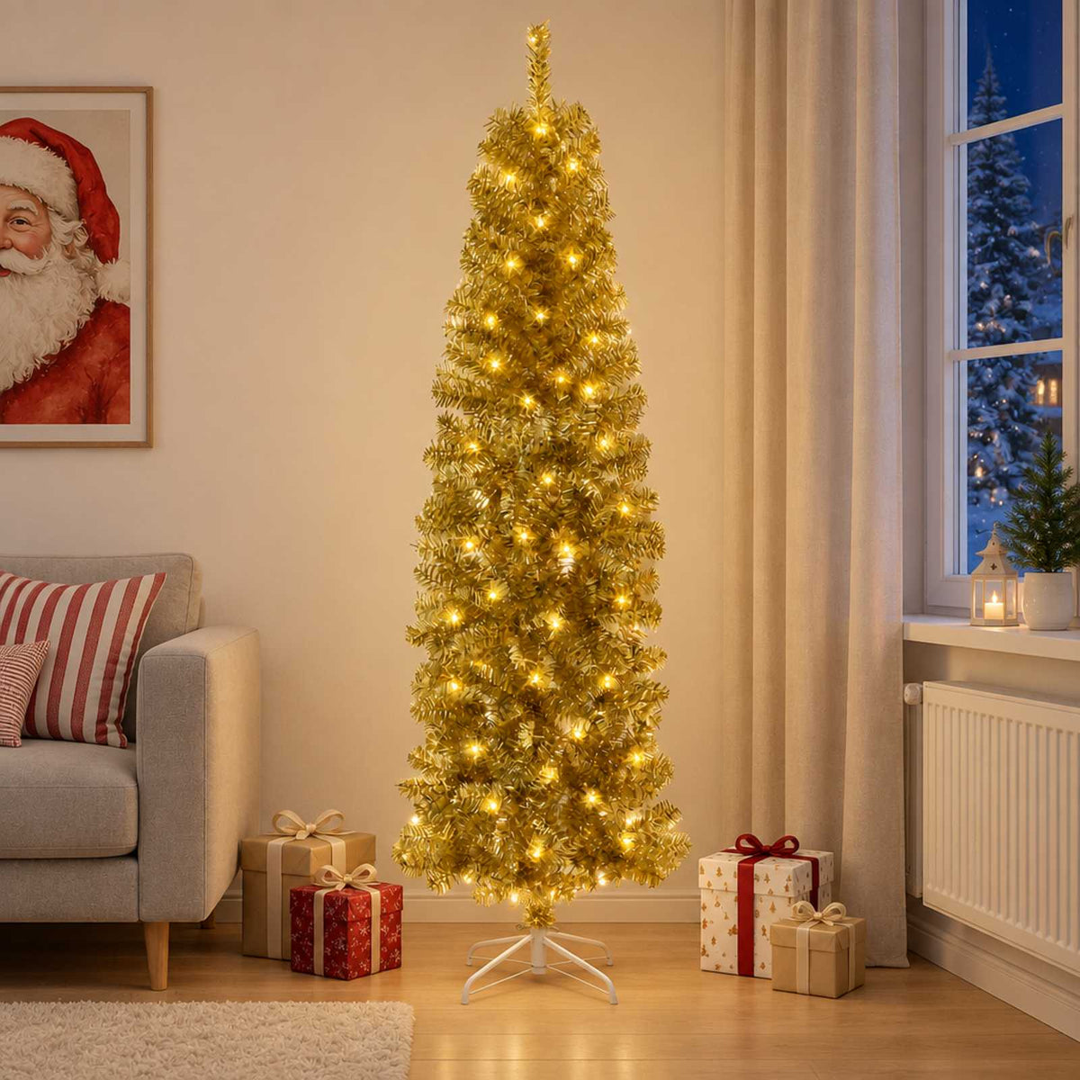 Artificial Slim Christmas Tree with Bauble 180 cm 300 LEDs with LEDs
