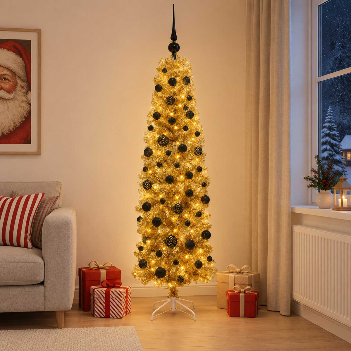 Artificial Slim Christmas Tree with Bauble 180 cm 300 LEDs with LEDs & black balls