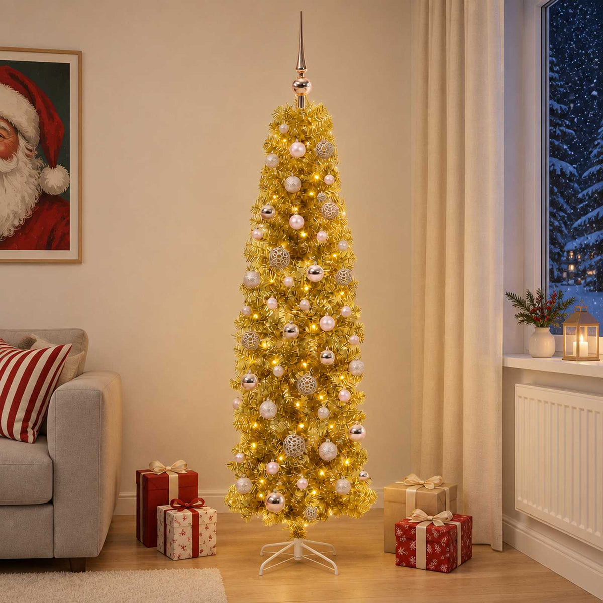 Artificial Slim Christmas Tree with Bauble 180 cm 300 LEDs with LEDs & pink balls