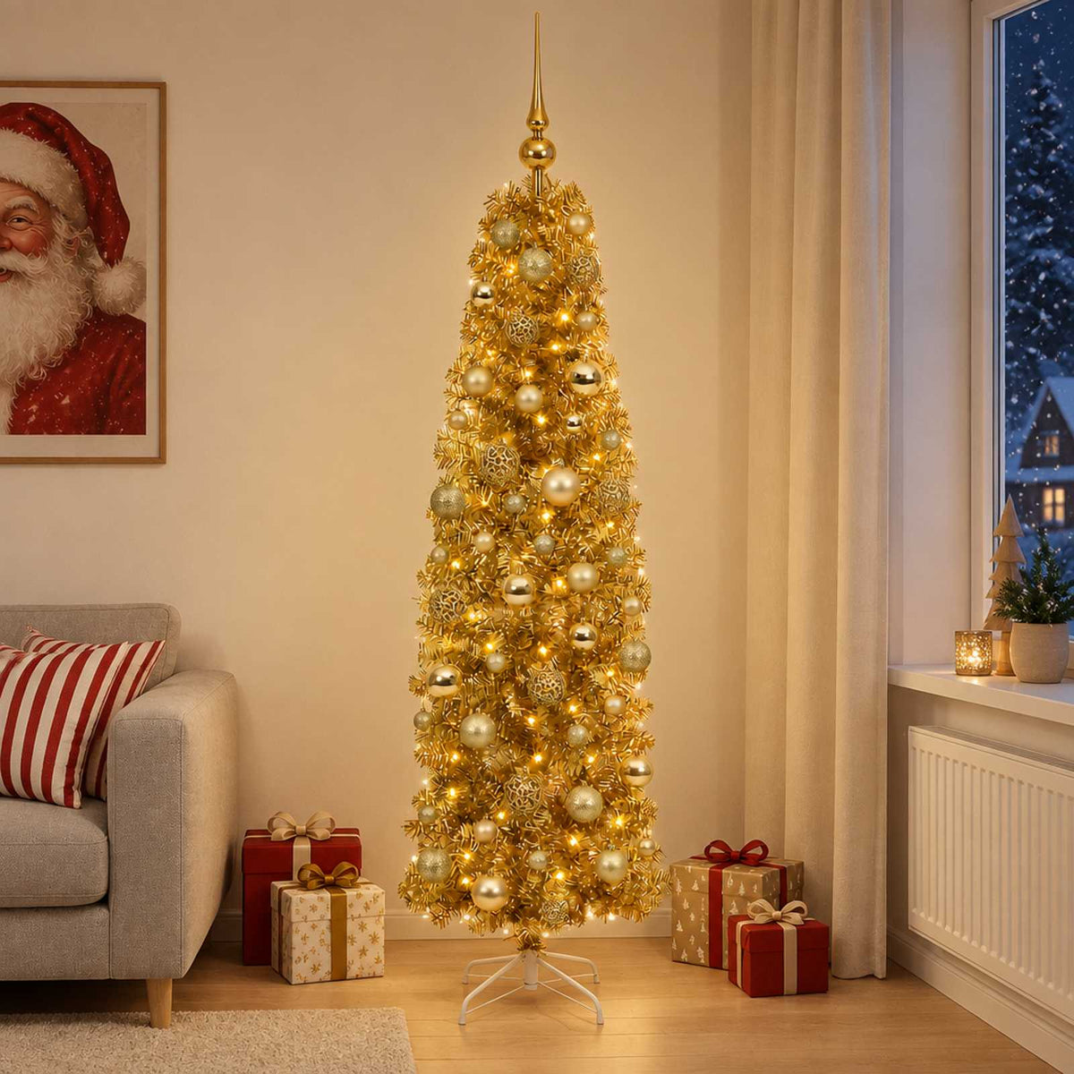 Artificial Slim Christmas Tree with Bauble 180 cm 300 LEDs with LEDs & gold/bronze balls