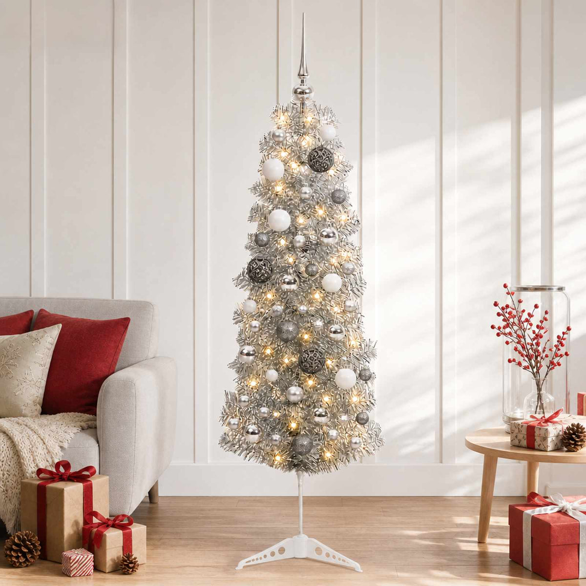 vidaXL Artificial Slim Christmas Tree with Bauble 150 cm 150 LEDs 1