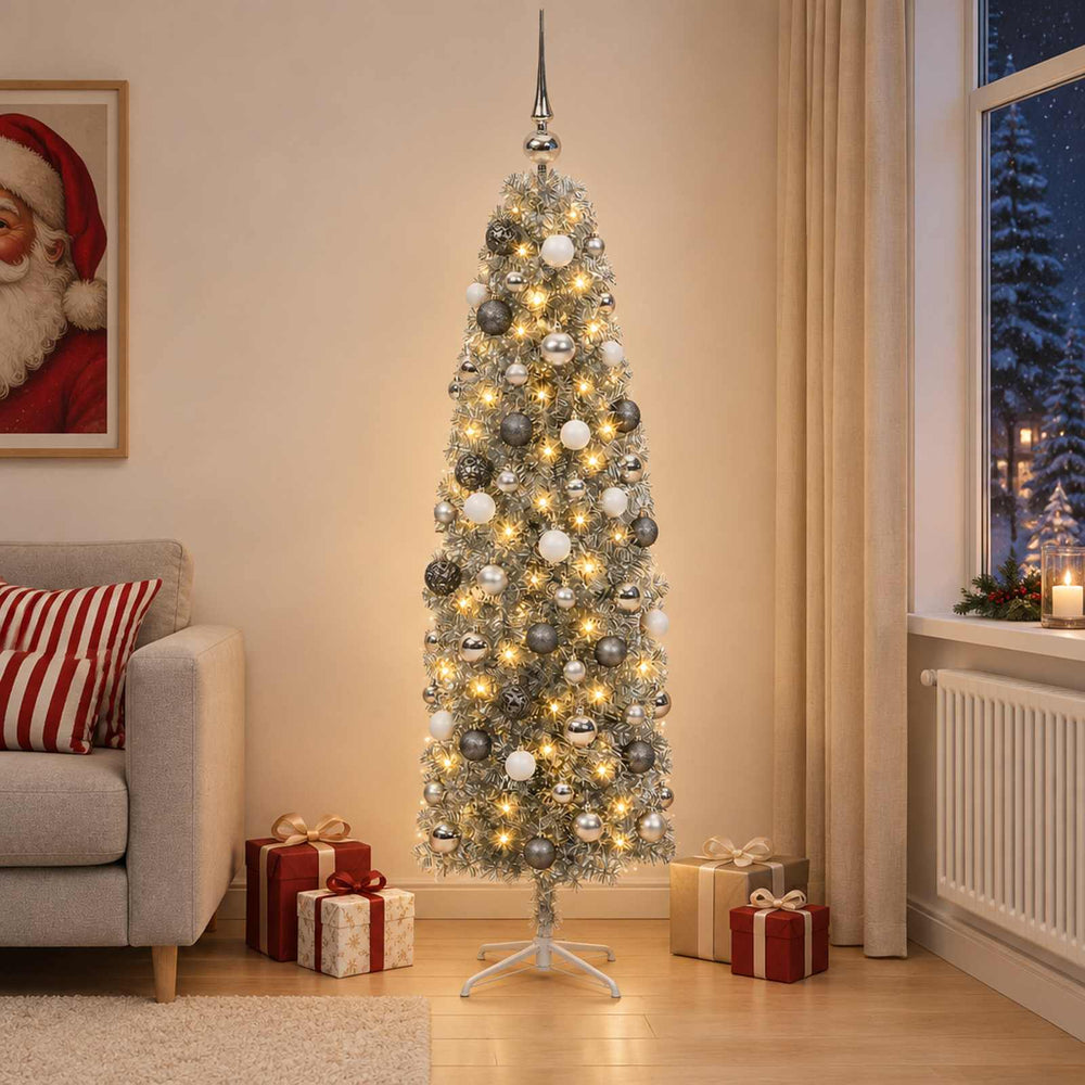 vidaXL Artificial Slim Christmas Tree with Bauble 180 cm 300 LEDs