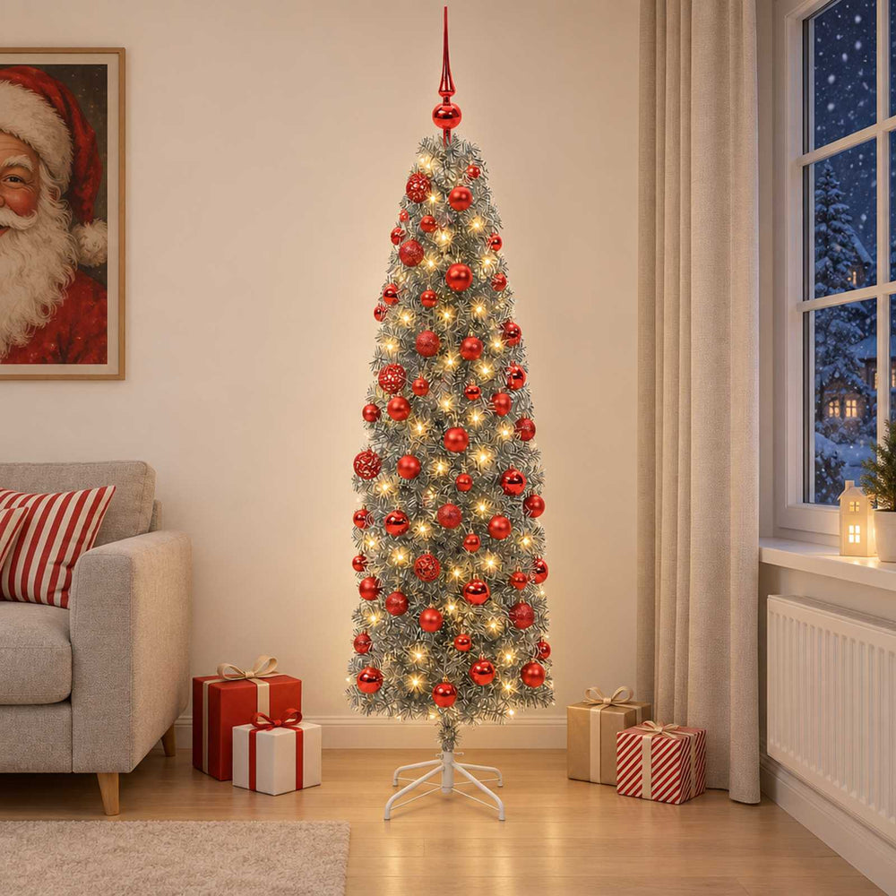 vidaXL Artificial Slim Christmas Tree with Bauble 180 cm 300 LEDs