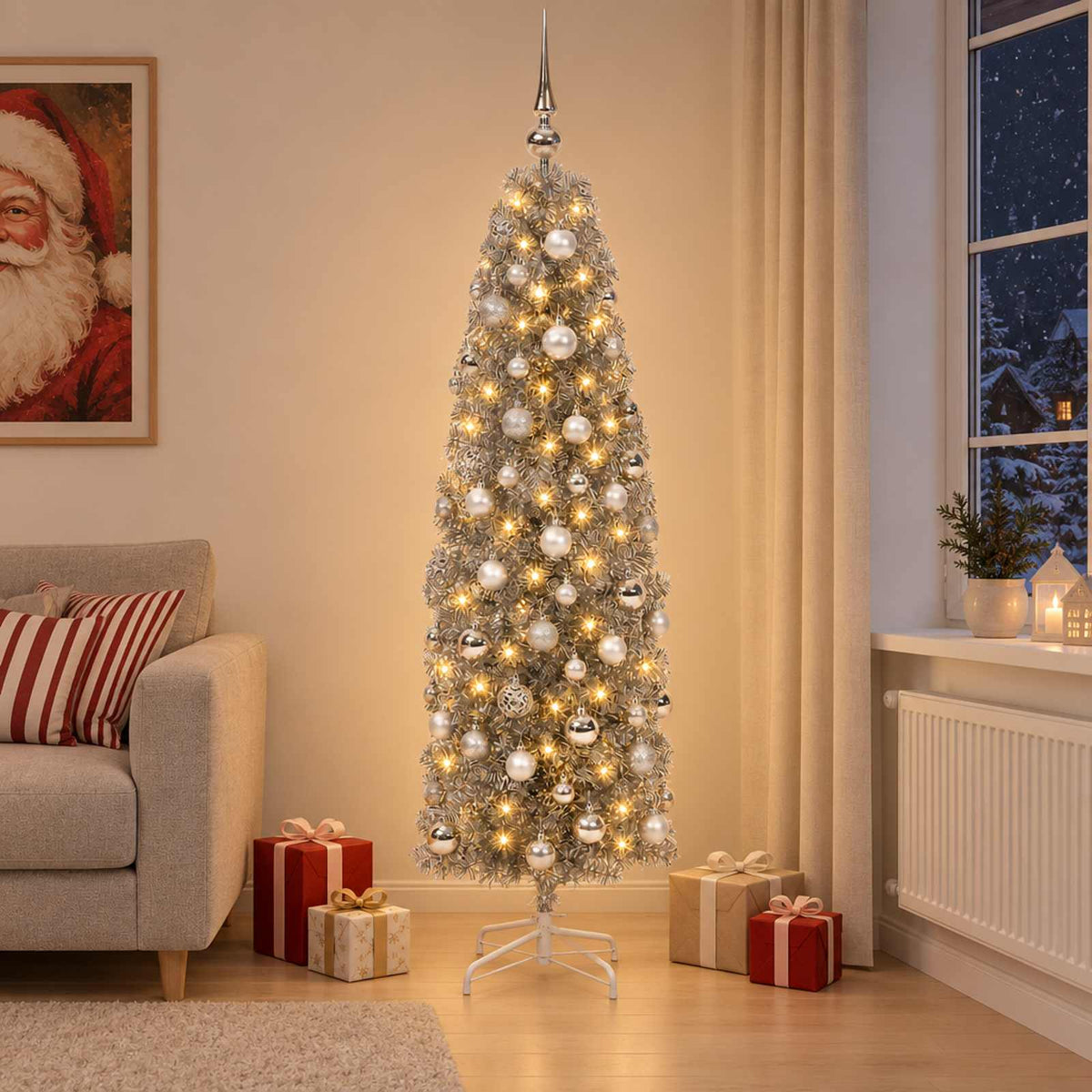 vidaXL Artificial Slim Christmas Tree with Bauble 180 cm 300 LEDs 1
