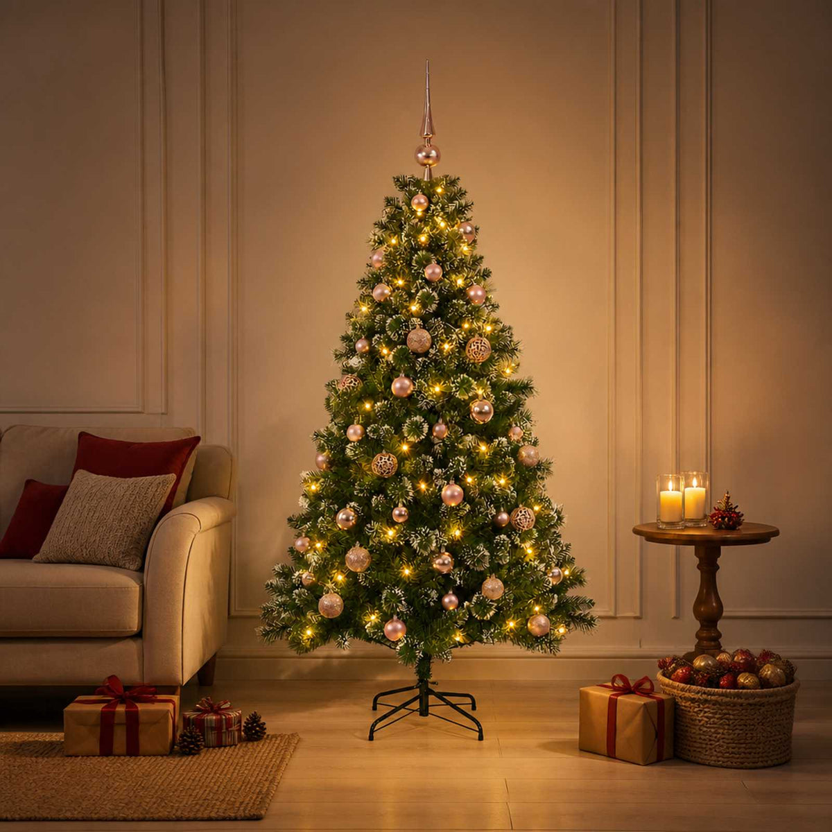 Artificial Christmas Tree with Bauble 150 LEDs 150 cm with LEDs & pink balls