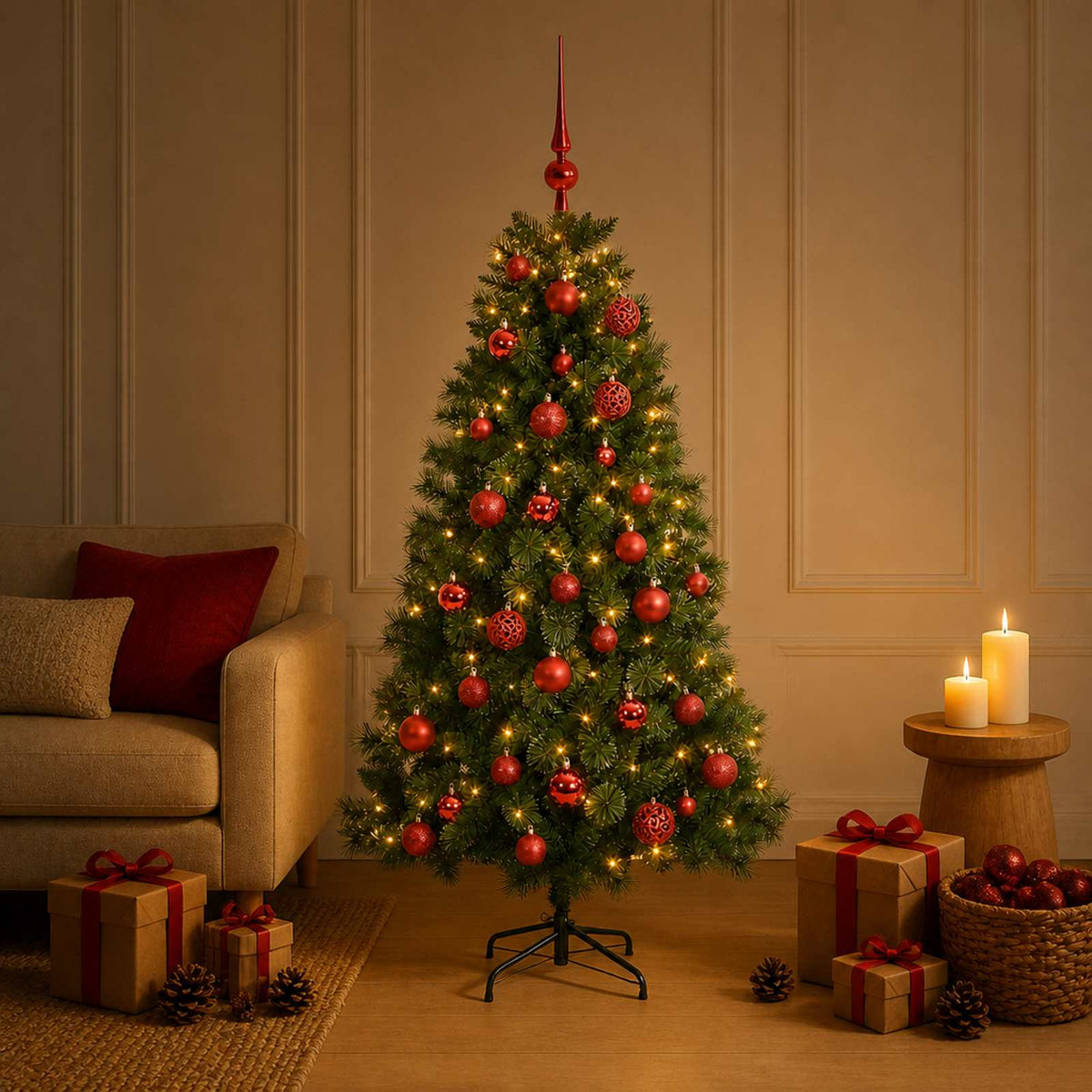 Artificial Christmas Tree with Bauble 150 LEDs 150 cm with LEDs & red balls