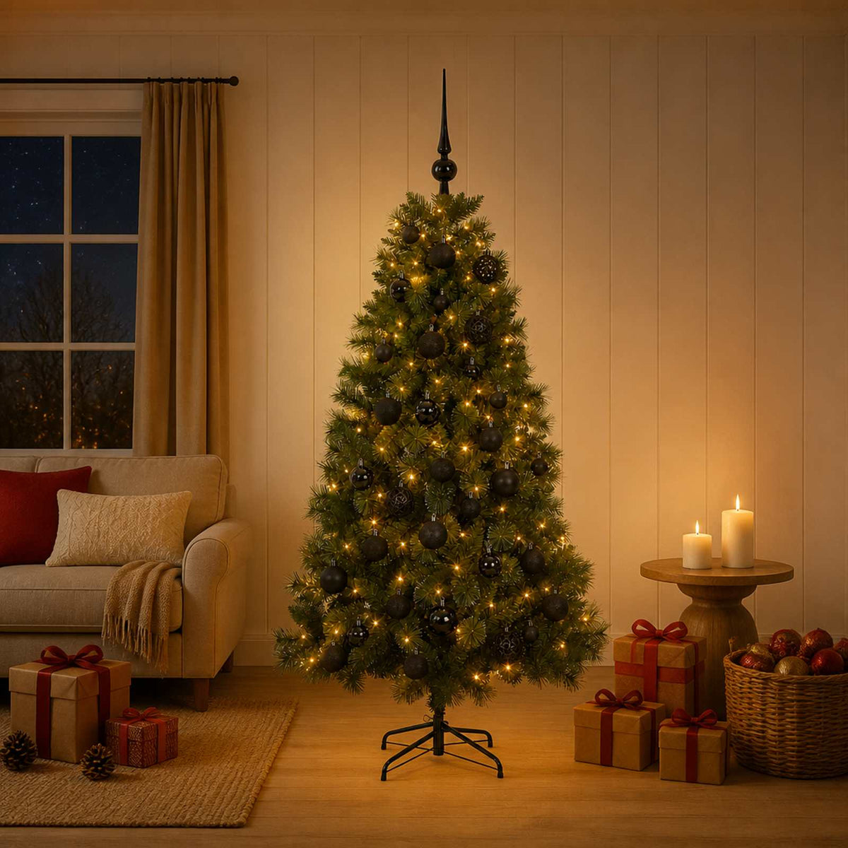 Artificial Christmas Tree with Bauble 150 LEDs 150 cm with LEDs & black balls