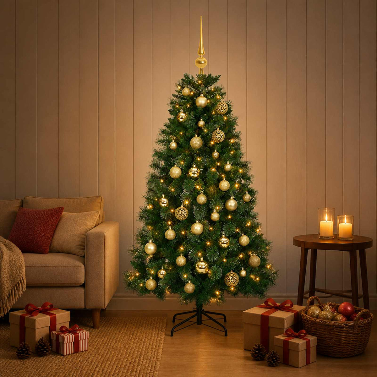 Artificial Christmas Tree with Bauble 150 LEDs 150 cm with LEDs & gold balls