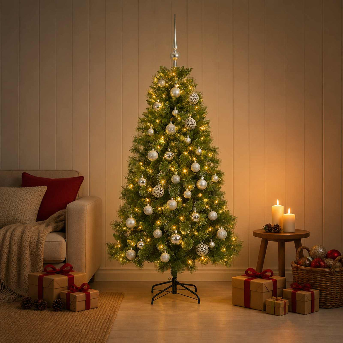 Artificial Christmas Tree with Bauble 150 LEDs 150 cm with LEDs & silver balls