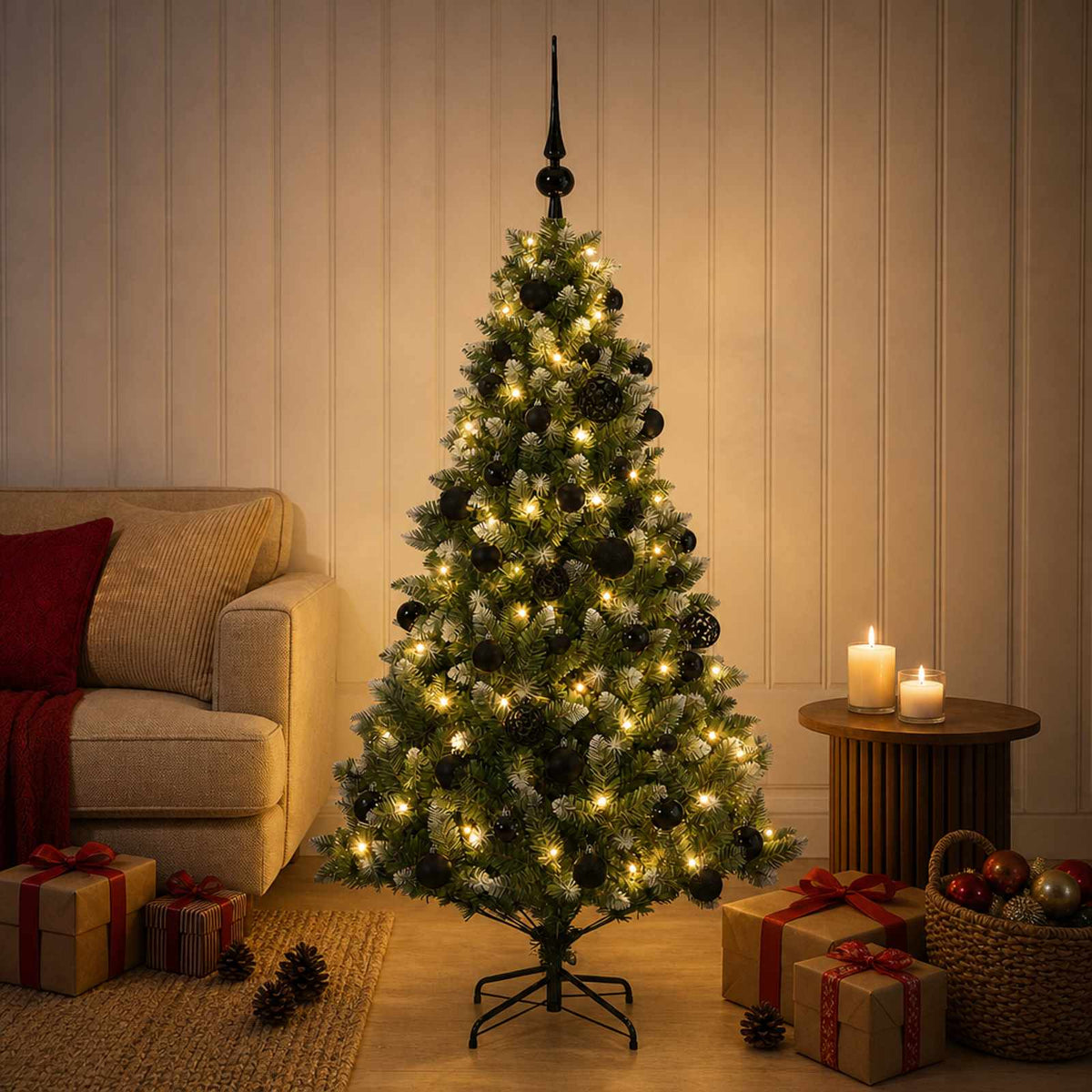 Artificial Christmas Tree with Bauble 150 LEDs 150 cm with LEDs & black balls