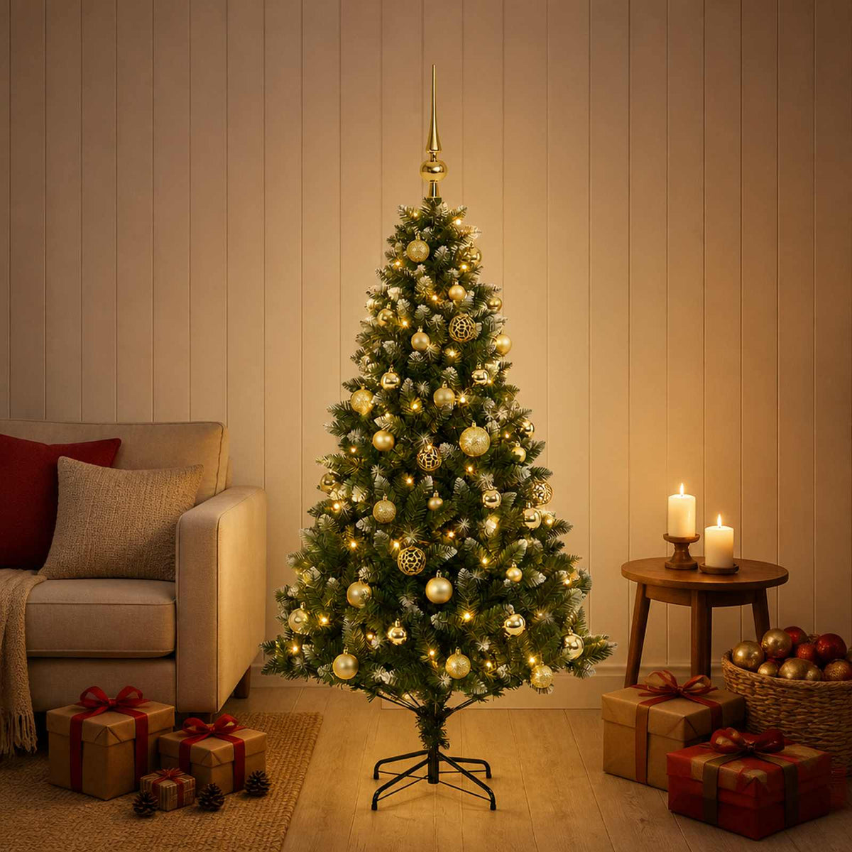 Artificial Christmas Tree with Bauble 150 LEDs 150 cm with LEDs & gold balls