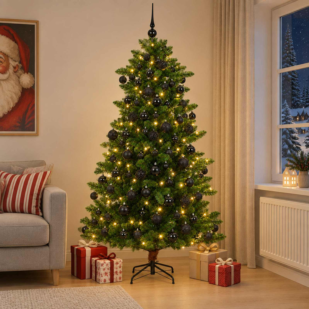Artificial Christmas Tree with Bauble 300 LEDs 210 cm with LEDs & black balls