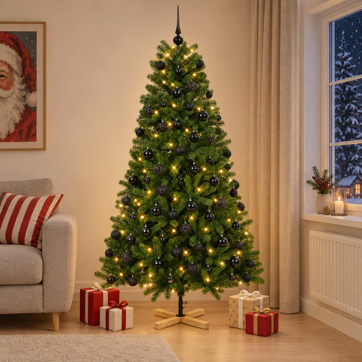 Artificial Christmas Tree with Bauble 300 LEDs 210 cm with LEDs & black balls